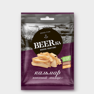 «Beerka», кольца кальмара копчёные, 18 г «Beerka», кольца кальмара копчёные, 18 г