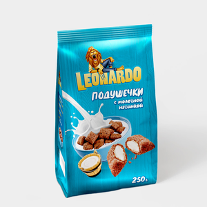 «Leonardo», готовый завтрак «Подушечки с молочной начинкой», 250 г «Leonardo», готовый завтрак «Подушечки с молочной начинкой», 250 г