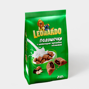 «Leonardo», готовый завтрак «Подушечки с шоколадно-ореховой начинкой», 250 г «Leonardo», готовый завтрак «Подушечки с шоколадно-ореховой начинкой», 250 г