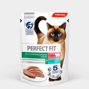 Влажный корм «Perfect Fit» для стерилизованных кошек паштет с говядиной, 75 г Влажный корм «Perfect Fit» для стерилизованных кошек паштет с говядиной, 75 г