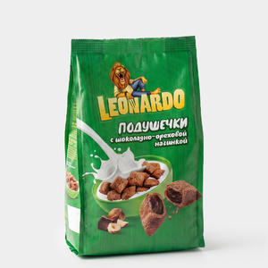 «Leonardo», готовый завтрак «Подушечки с шоколадно-ореховой начинкой», 250 г «Leonardo», готовый завтрак «Подушечки с шоколадно-ореховой начинкой», 250 г