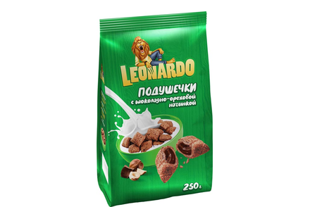 «Leonardo», готовый завтрак «Подушечки с шоколадно-ореховой начинкой», 250 г «Leonardo», готовый завтрак «Подушечки с шоколадно-ореховой начинкой», 250 г