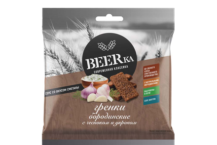 «Beerka», сухарики со вкусом чеснока с укропом и сметанным соусом «Calve», 85 г