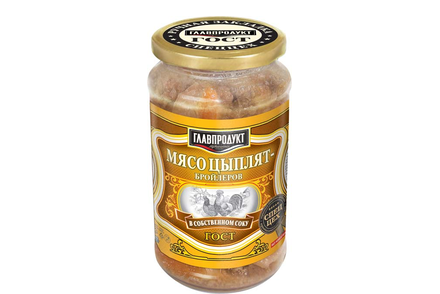 «Главпродукт», мясо цыплят-бройлеров в собственном соку, 425 г «Главпродукт», мясо цыплят-бройлеров в собственном соку, 425 г