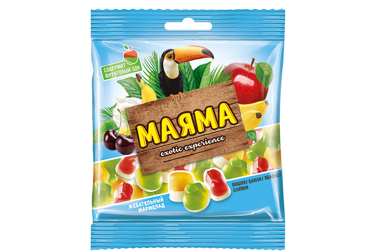«Mayama», мармелад жевательный со вкусами банана, яблока, вишни со сливками, 70 г
