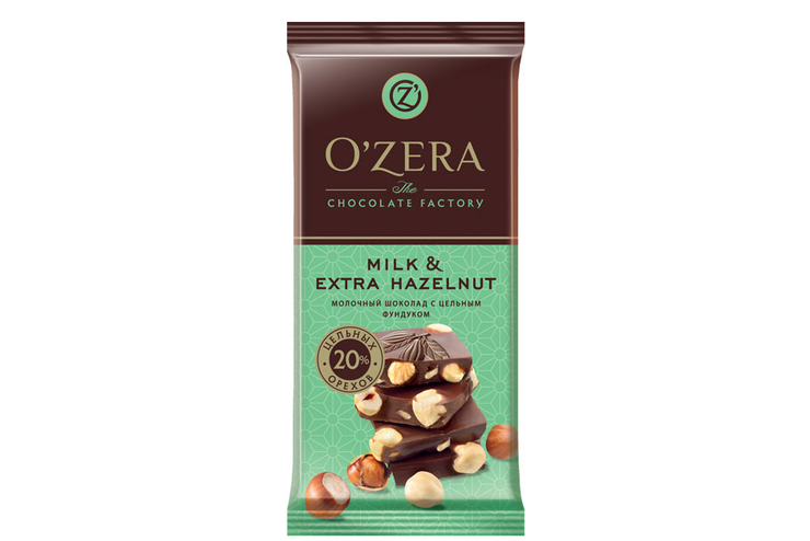 «O'Zera», шоколад молочный с цельным фундуком  Milk & Extra Hazelnut, 90 г