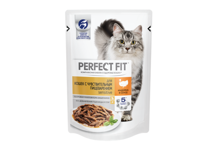 Влажный корм «Perfect Fit» для взрослых кошек с чувствительным пищеварением Индейка в соусе, 85 г
