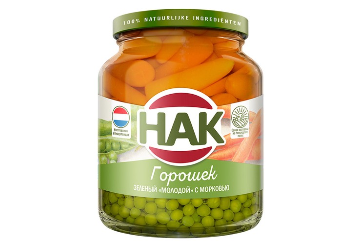 «HAK», горошек зелёный «молодой» с морковью, консервированные, 350 г