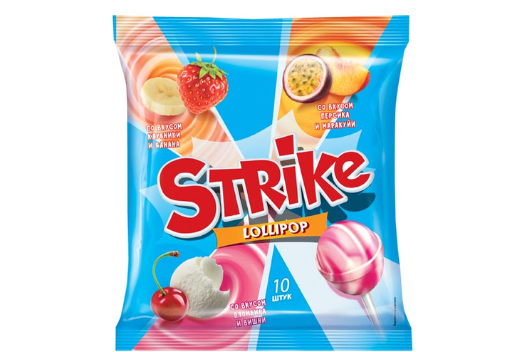 «Strike», карамель на палочке с молочно-фруктовым вкусом, 113 г