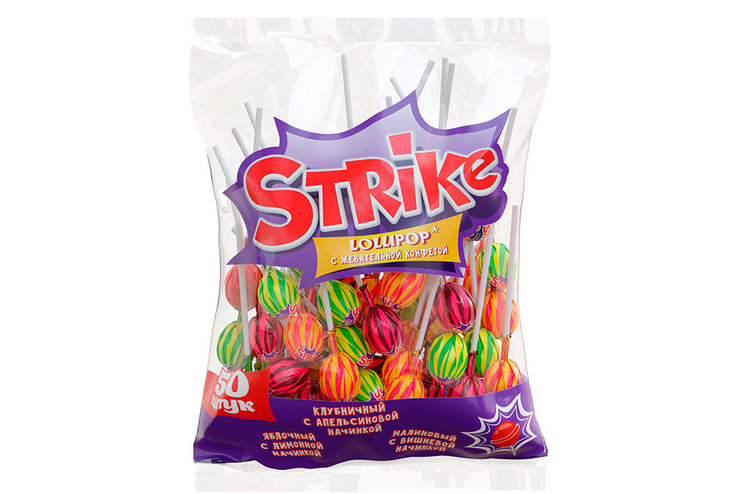 «Strike», карамель на палочке с жевательной конфетой, 565 г