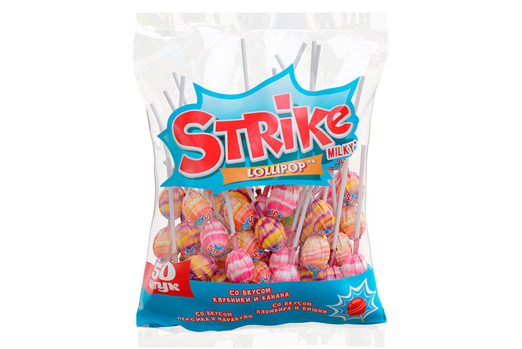 «Strike», карамель на палочке с молочно-фруктовым вкусом, 565 г