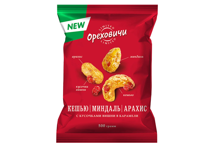 «Ореховичи», кешью, миндаль и арахис с кусочками вишни в карамели (упаковка 0,5 кг)