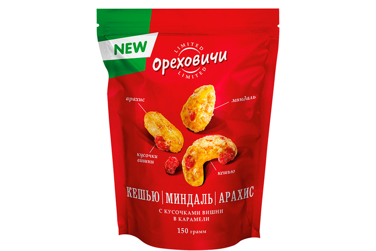 «Ореховичи», кешью, миндаль и арахис с кусочками вишни в карамели, 150 г