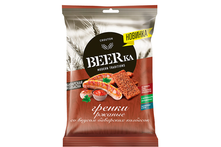 «Beerka», гренки со вкусом баварских колбасок, 60 г «Beerka», гренки со вкусом баварских колбасок, 60 г