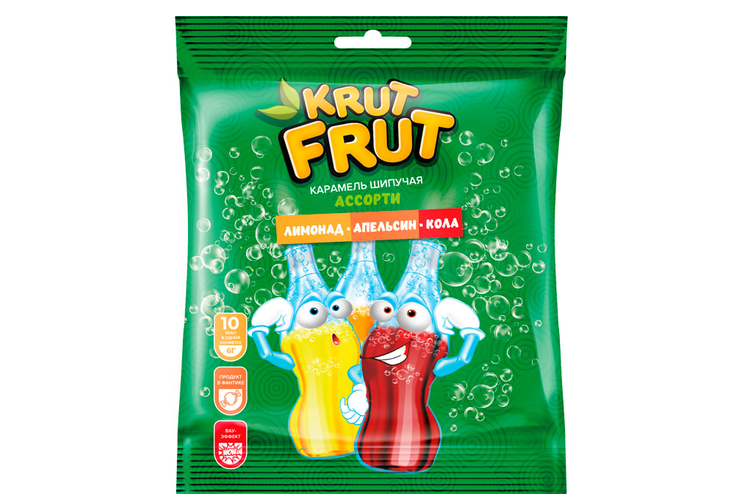 «KrutFrut», карамель с шипучей начинкой кола, апельсин, лимон, 90 г