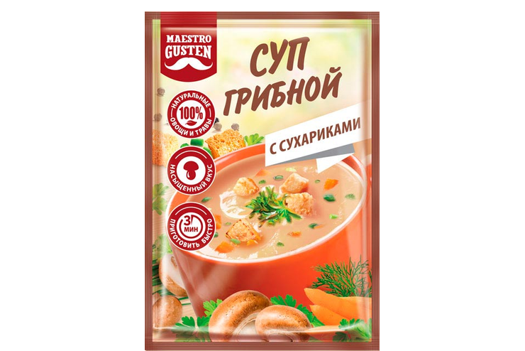 «Maestro Gusten», суп моментального приготовления грибной с сухариками, 16 г