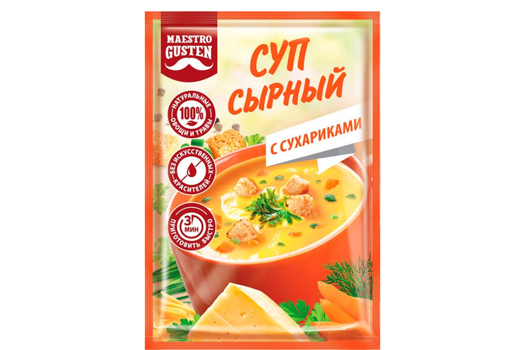 «Maestro Gusten», суп моментального приготовления сырный с сухариками, 16 г