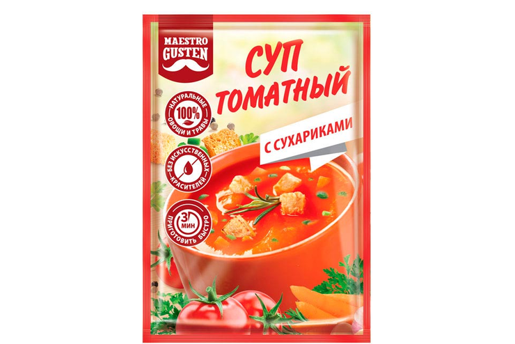 «Maestro Gusten», суп моментального приготовления томатный с сухариками, 16 г