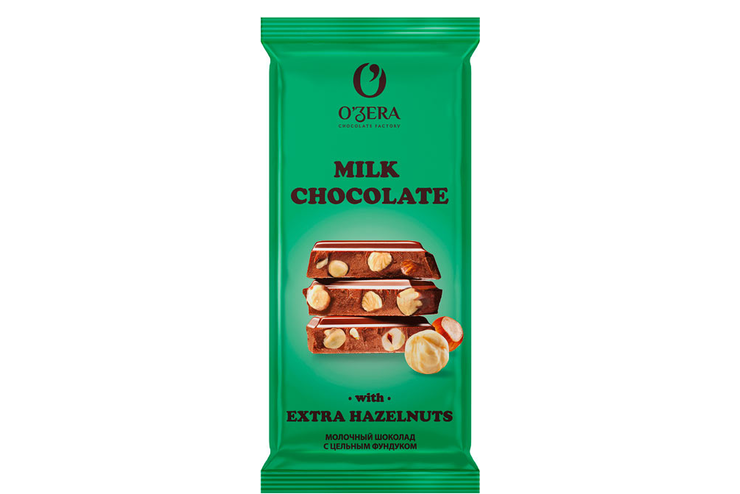 «O'Zera», шоколад молочный с цельным фундуком  Milk & Extra Hazelnut, 90 г