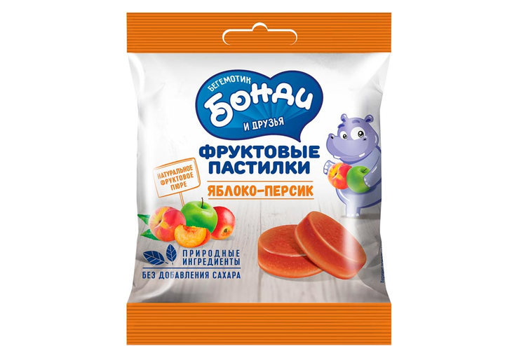 «HIPPO BONDI & FRIENDS», фруктовые пастилки «Яблоко-персик», 30 г