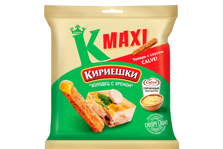 «Кириешки Maxi», сухарики со вкусом «Холодец с хреном» и с горчичным соусом «Calve», 75 г