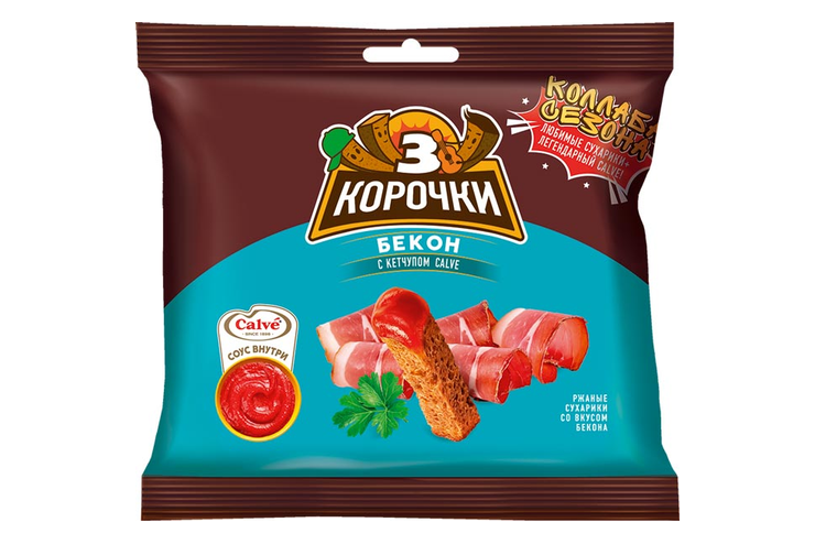 «3 Корочки», сухарики со вкусом бекона и кетчупом «Calve», 85 г