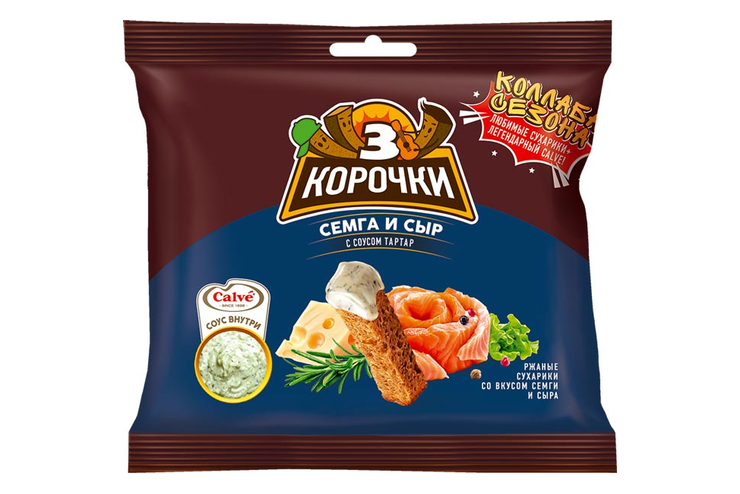 «3 Корочки», сухарики со вкусом сёмги с сыром и соусом тар-тар «Calve», 85 г