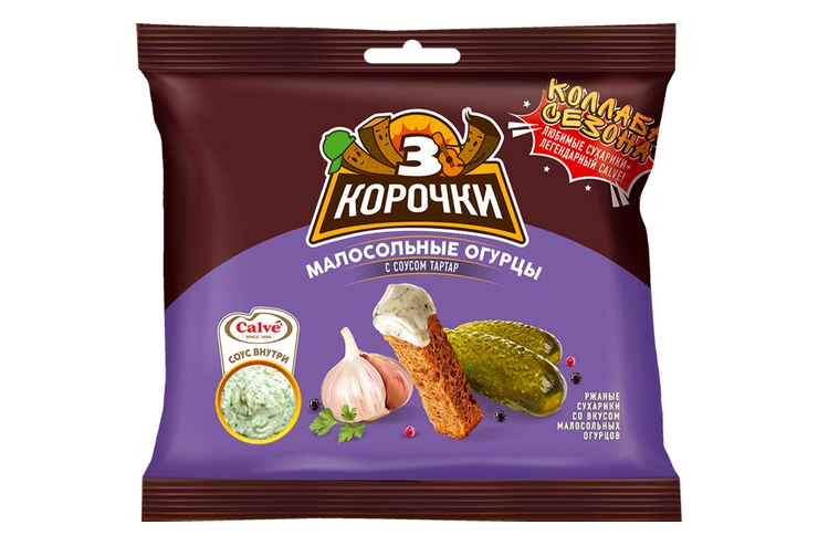 «3 Корочки», сухарики со вкусом малосольных огурчиков и соусом тар-тар, 85 г