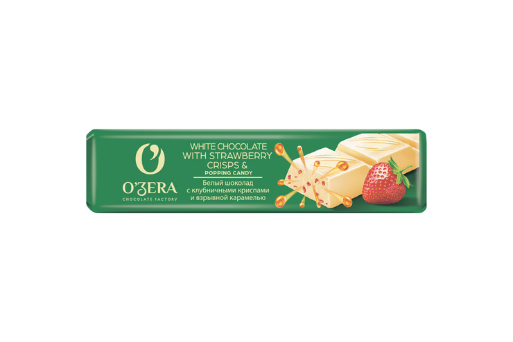 «O'Zera», шоколадный батончик White with strawberry crisps and popping candy, 45 г