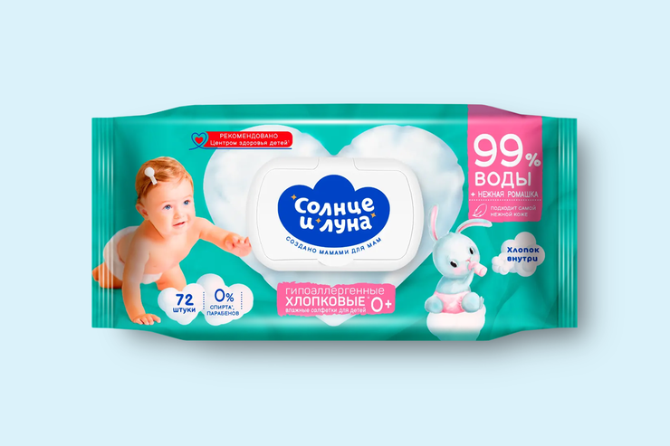 Влажные салфетки «Солнце и луна» с ромашкой, 72шт