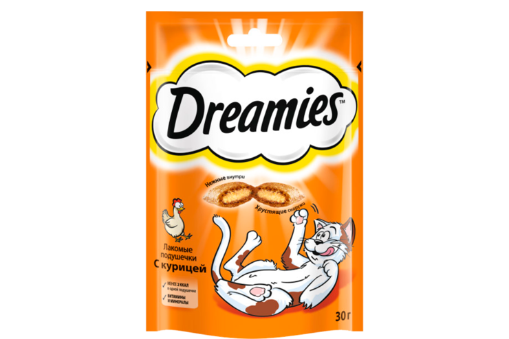 Лакомство для кошек «Dreamies» подушечки с курицей, 30 г