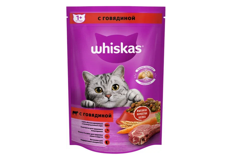 Сухой полнорационный корм «Whiskas» подушечки с паштетом, говядина, 350 г