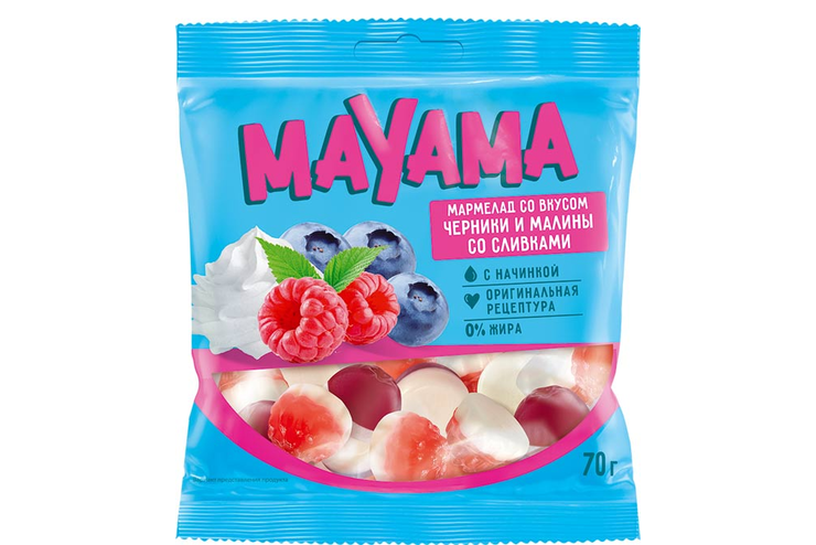 «Mayama», мармелад жевательный с желейной начинкой со вкусом черники и малины со сливками, 70 г