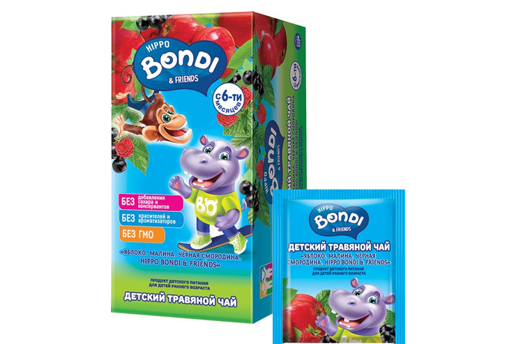 «HIPPO BONDI & FRIENDS», детский травяной чай «Яблоко. Малина. Чёрная смородина», 25 пакетиков, 25 г «HIPPO BONDI & FRIENDS», детский травяной чай «Яблоко. Малина. Чёрная смородина», 25 пакетиков, 25 г