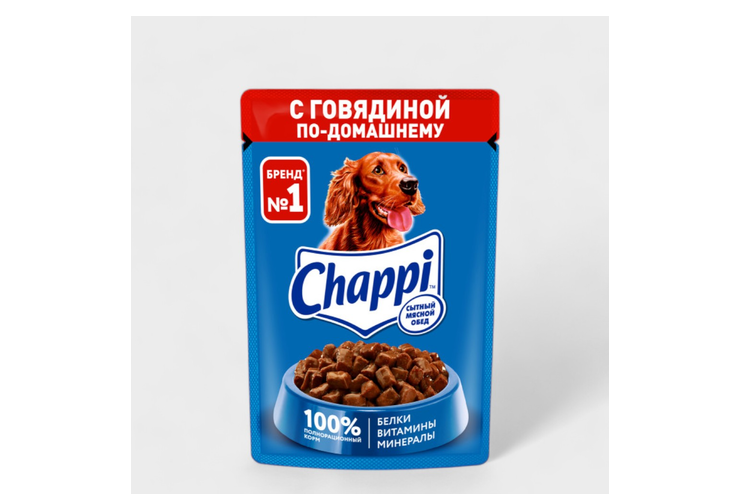 Корм консервированный полнорационный «Chappi» для взрослых собак с добавлением говядины «Сытный мясной обед» Говядина по-домашнему, 85 г