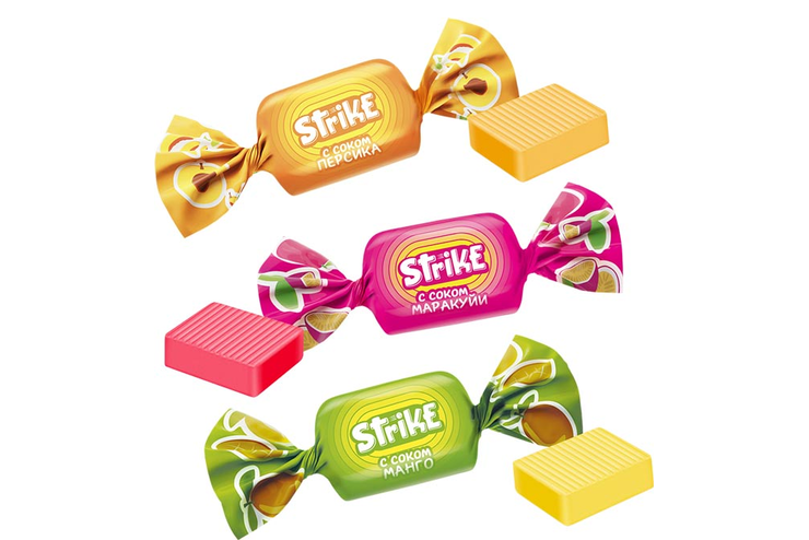 «Strike», жевательная конфета со вкусами манго, маракуйи и персика, 1 кг