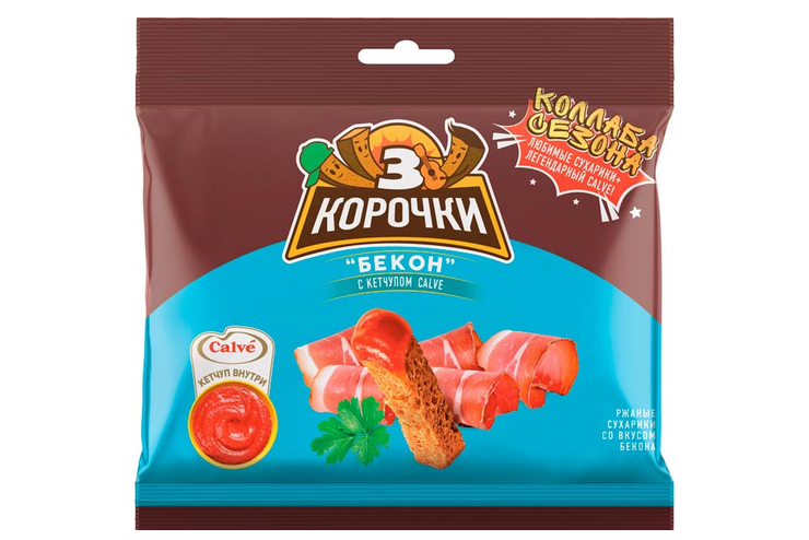 «3 Корочки», сухарики со вкусом бекона и кетчупом «Calve», 85 г «3 Корочки», сухарики со вкусом бекона и кетчупом «Calve», 85 г
