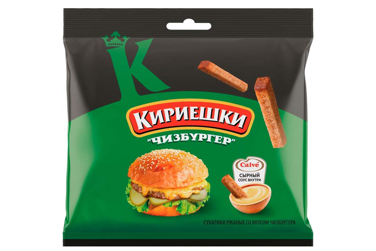 «Кириешки», сухарики ржаные со вкусом чизбургера и с сырным соусом «Calve», 85 г