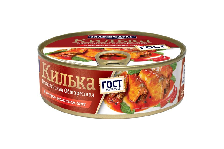 «Главпродукт», килька балтийская обжаренная, в остром томатном соусе, 230 г
