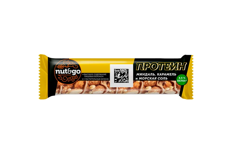 «Nut&Go», батончик Protein, миндаль с карамелью и морской солью, 40 г «Nut&Go», батончик Protein, миндаль с карамелью и морской солью, 40 г