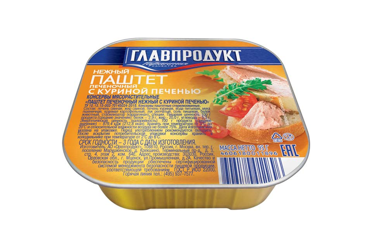 «Главпродукт», паштет печеночный нежный с куриной печенью, 95 г «Главпродукт», паштет печеночный нежный с куриной печенью, 95 г