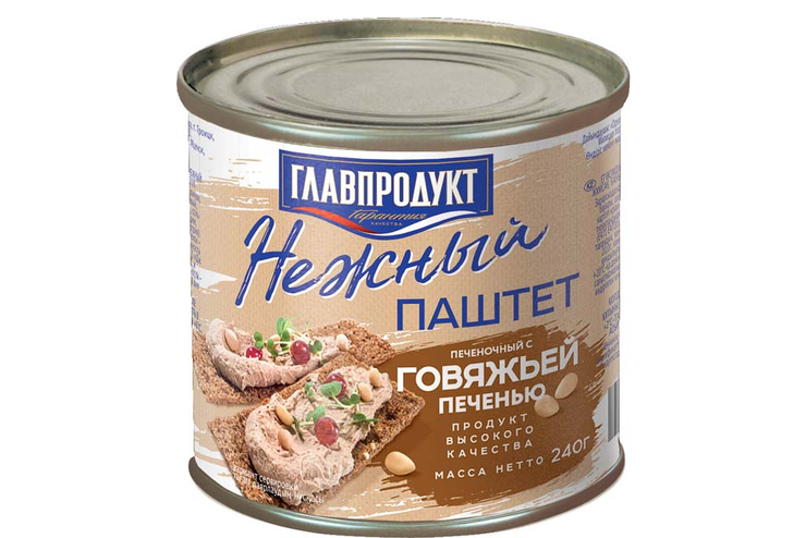 «Главпродукт», паштет печеночный «Нежный» с говяжьей печенью, 240 г «Главпродукт», паштет печеночный «Нежный» с говяжьей печенью, 240 г
